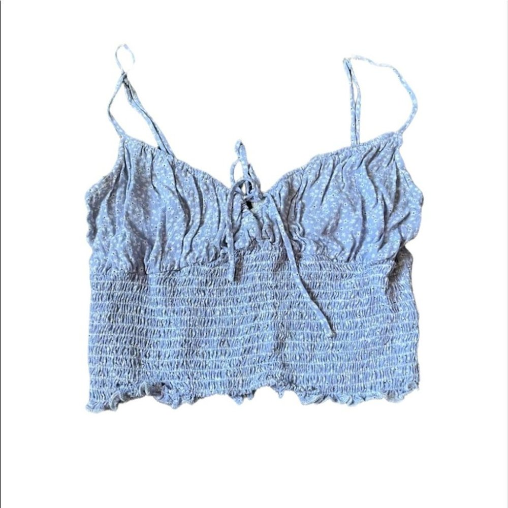 Garage periwinkle blue white floral shirred tie front crop tank top SP - Picture 13 of 13